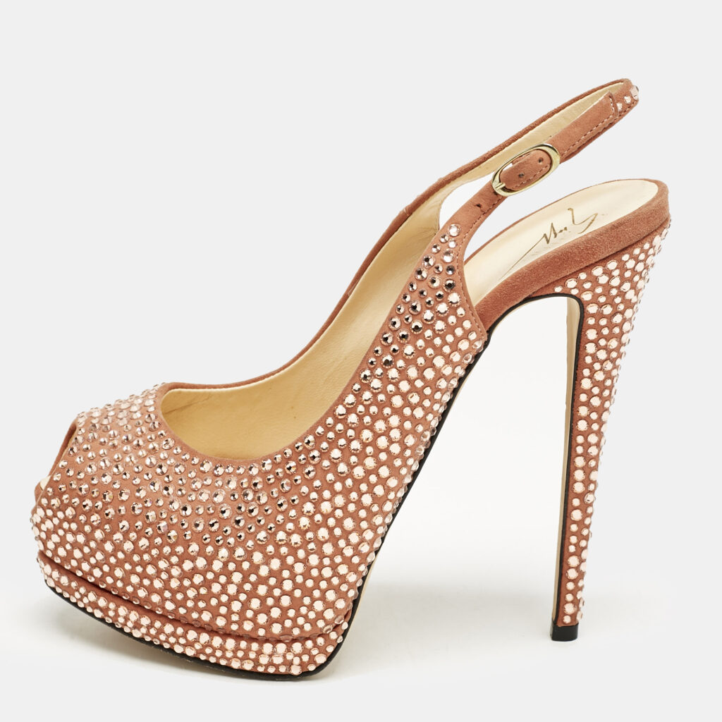 luxury-women-giuseppe-zanotti-used-shoes-p1158629-003 Giuseppe Zanotti Pink Suede Crystal Embellished Liza Peep Toe Platform Pumps Size 37.5