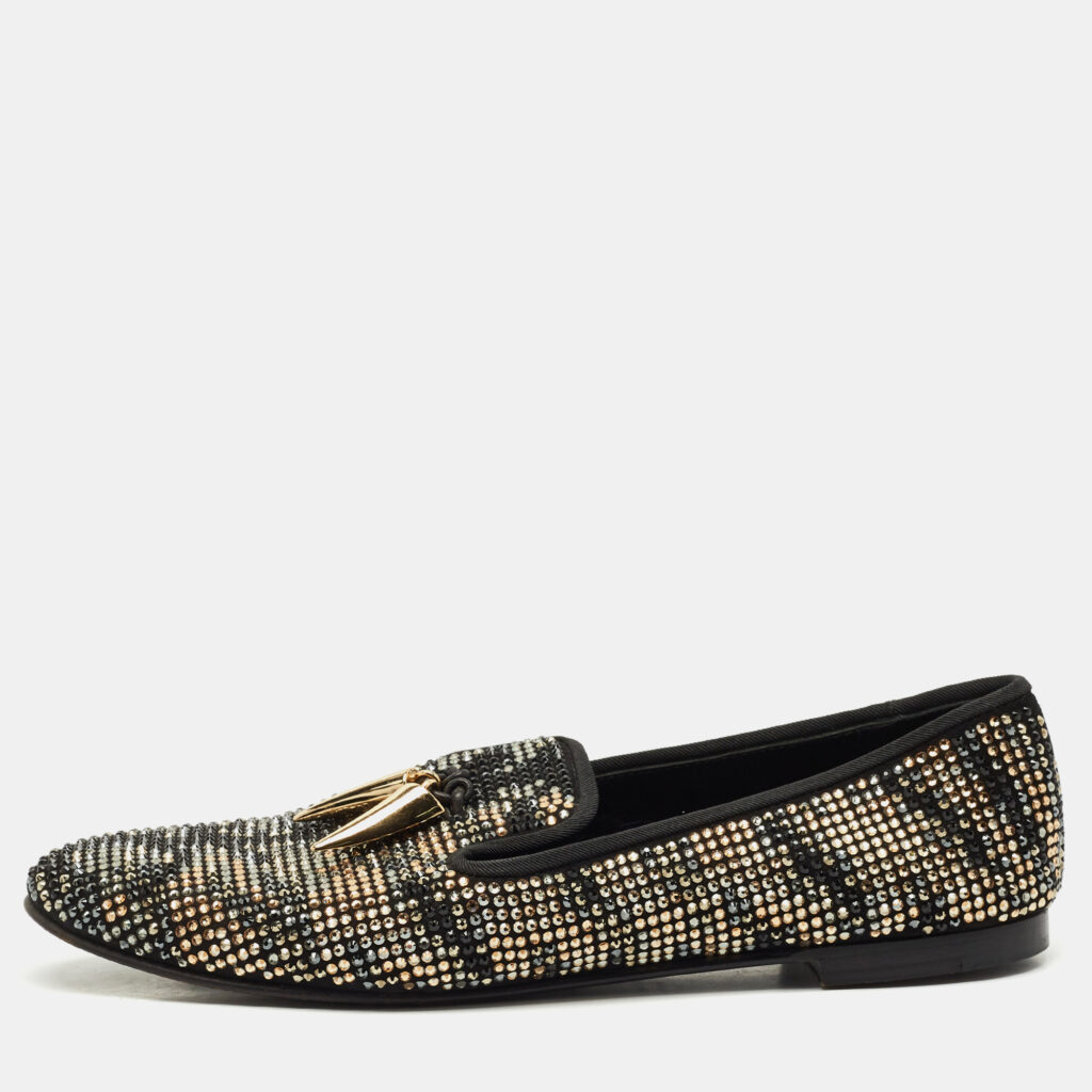 luxury-women-giuseppe-zanotti-used-shoes-p1168633-001 Giuseppe Zanotti Black Suede Crystal Embellished Shark Tooth Smoking Slippers Size 38.5