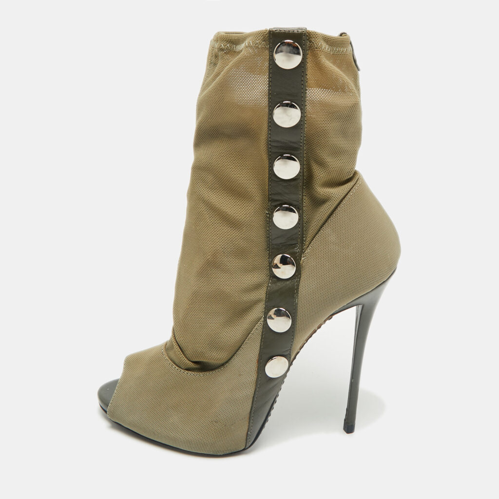 luxury-women-giuseppe-zanotti-used-shoes-p1169664-001 Giuseppe Zanotti Army Green Canvas and Mesh Peep Toe Booties Size 39
