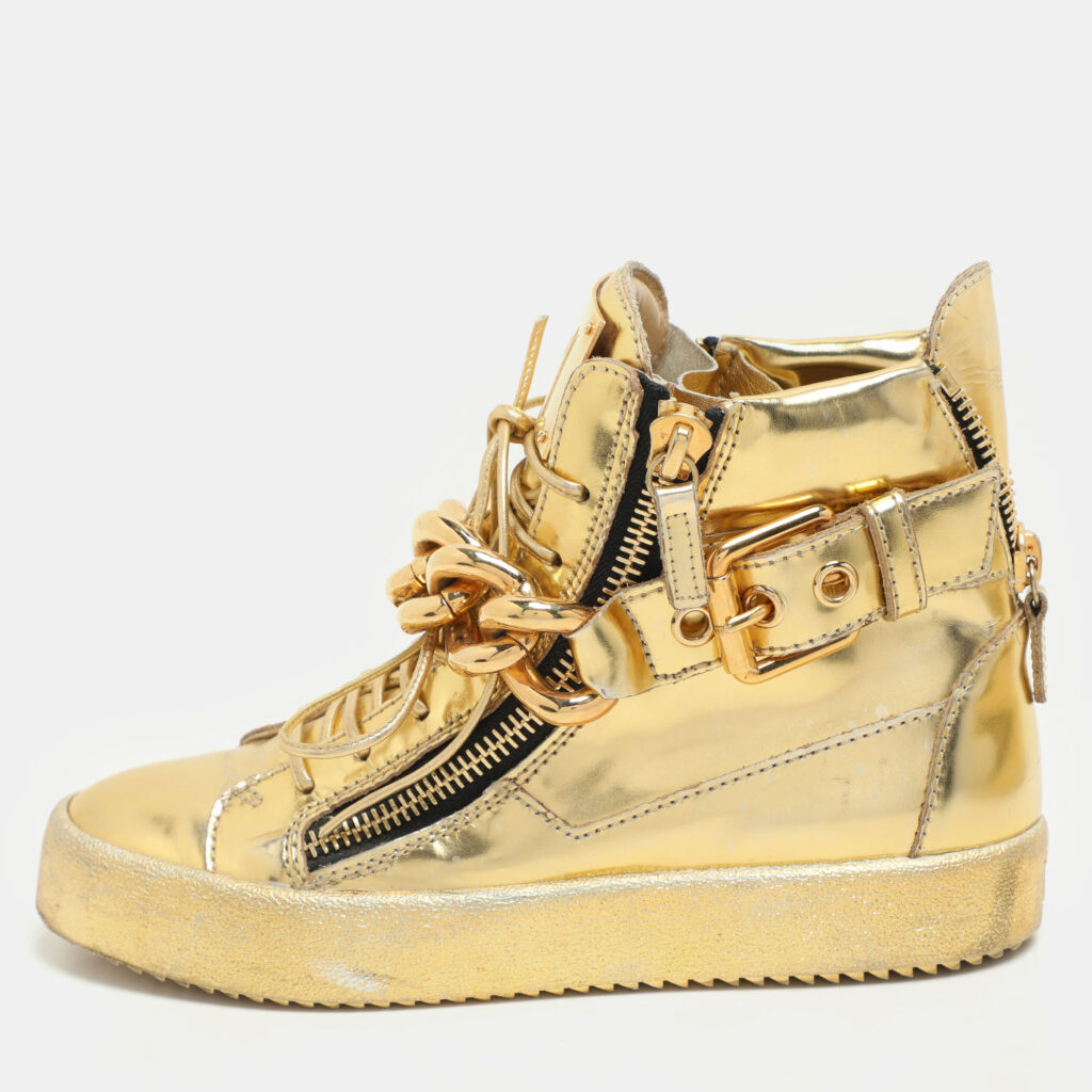 luxury-women-giuseppe-zanotti-used-shoes-p1170532-005 Giuseppe Zanotti Gold Leather Chain High Top Sneakers Size 37.5