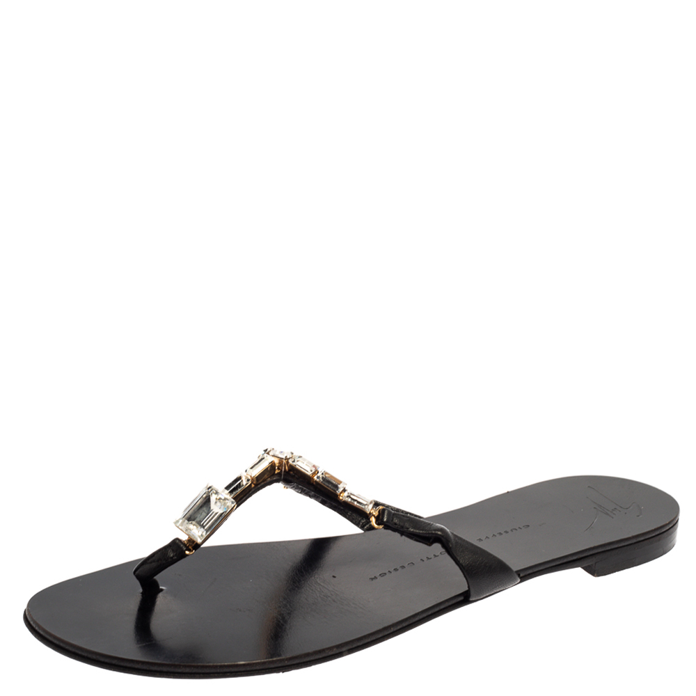 luxury-women-giuseppe-zanotti-used-shoes-p367156-002 Giuseppe Zanotti Black Leather Jewel Embellished Thong Flat Sandals Size 38