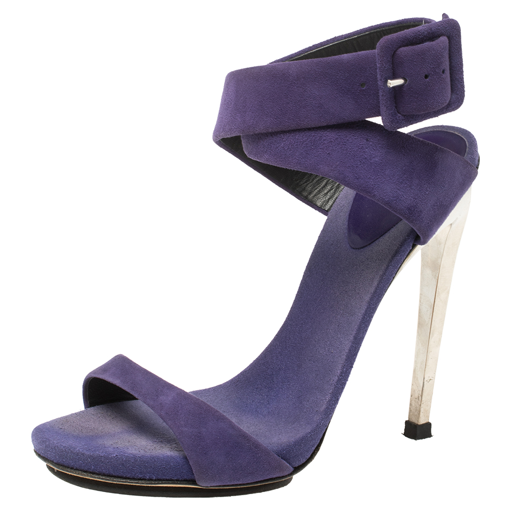 luxury-women-giuseppe-zanotti-used-shoes-p369231-003 Giuseppe Zanotti Blue Suede Metal Heel Ankle Wrap Open Toe Sandals Size 36