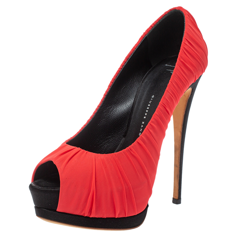 luxury-women-giuseppe-zanotti-used-shoes-p377370-005 Giuseppe Zanotti Red Ruched Silk Peep Toe Platform Pumps Size 37.5