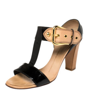 Giuseppe Zanotti Black/ Beige Patent Leather T Strap Ankle Strap Sandals Size 38