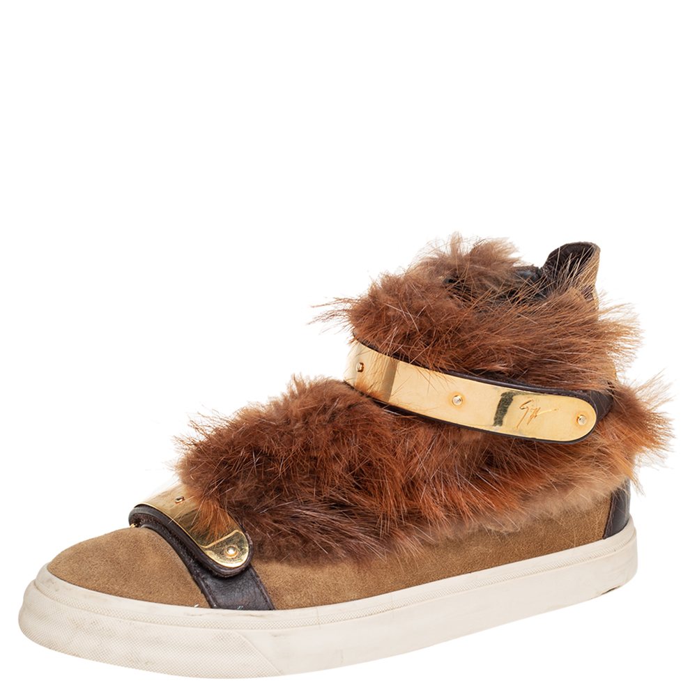 Giuseppe Zanotti Beige Suede And Fur Trim High Top Sneakers Size 38