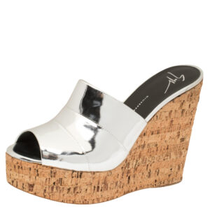 Giuseppe Zanotti Metallic Silver Leather Roz Cork Wedge Platform Slide Sandals Size 40