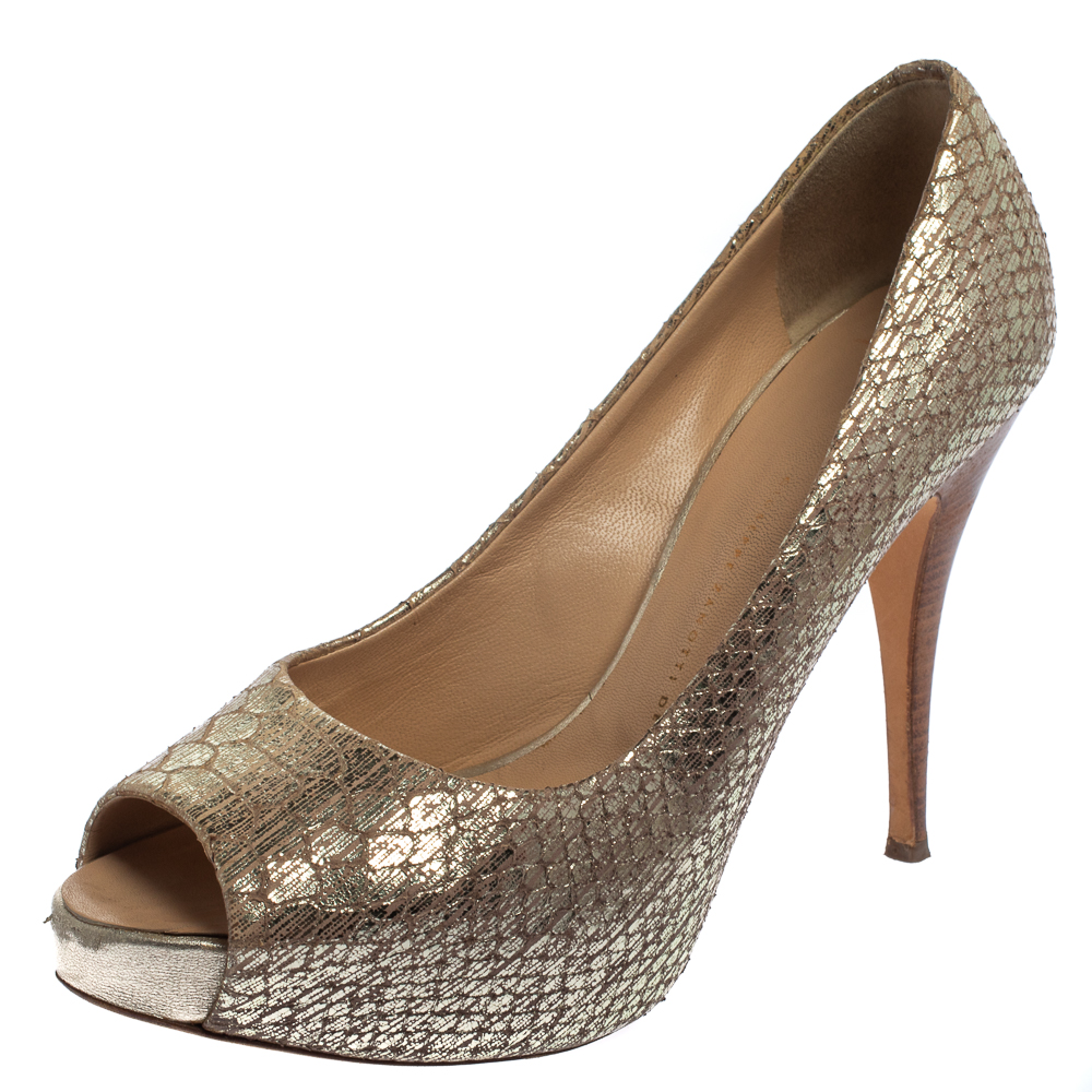 luxury-women-giuseppe-zanotti-used-shoes-p406343-004 Giuseppe Zanotti Metallic Gold Python Embossed Leather Peep Toe Platform Pumps Size 39.5