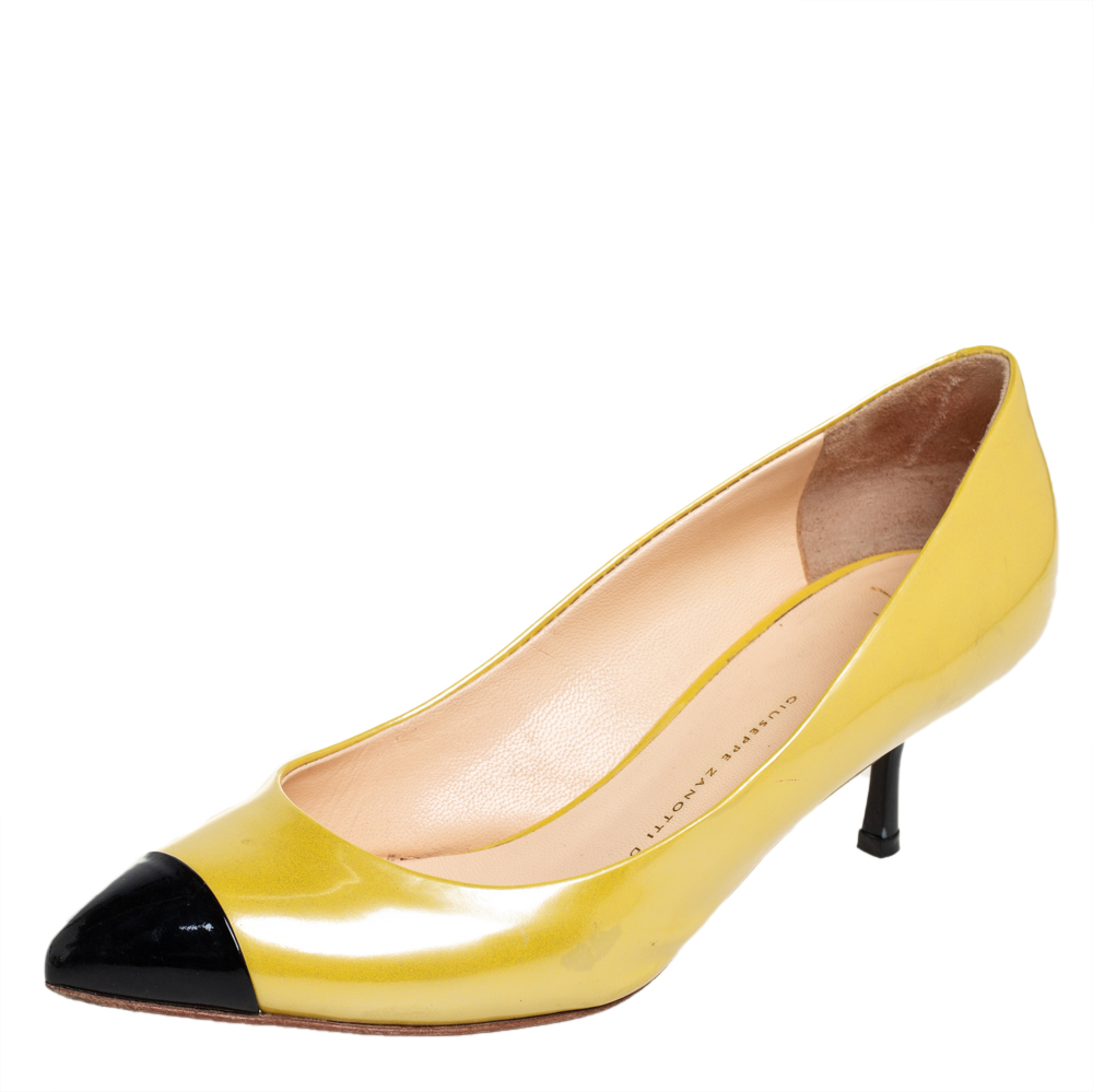 luxury-women-giuseppe-zanotti-used-shoes-p426799-003 Giuseppe Zanotti Yellow/Black Patent Leather Cap Toe Pumps Size 38