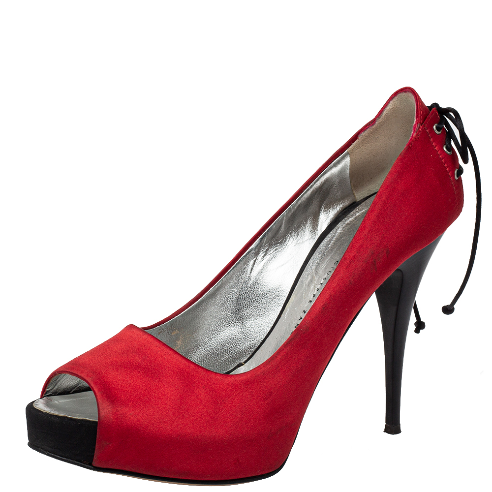 luxury-women-giuseppe-zanotti-used-shoes-p426912-006 Giuseppe Zanotti Red Satin Peep Toe Platform Pumps Size 36