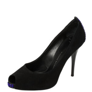 Giuseppe Zanotti Black Suede Embellished Peep Toe Pumps Size 37.5