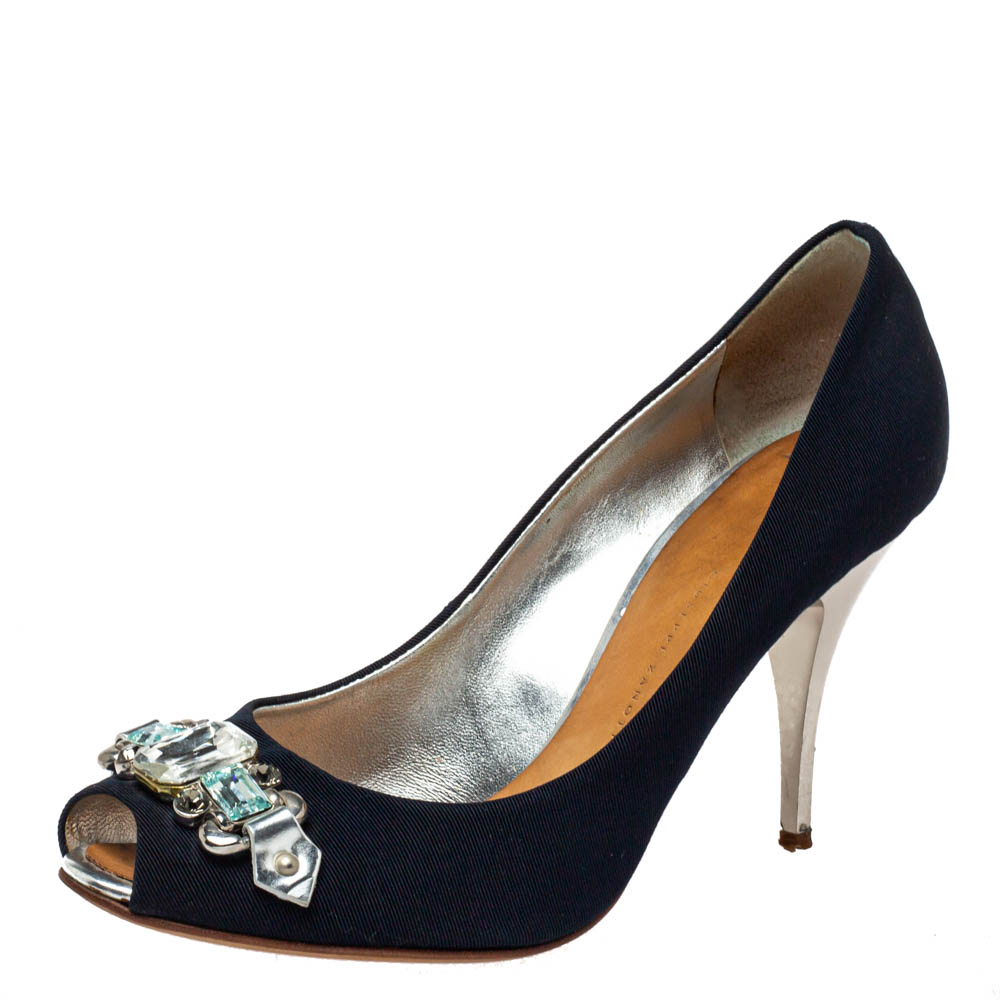 luxury-women-giuseppe-zanotti-used-shoes-p431398-003 Giuseppe Zanotti Blue Fabric Embellished Peep Toe Pumps Size 38.5