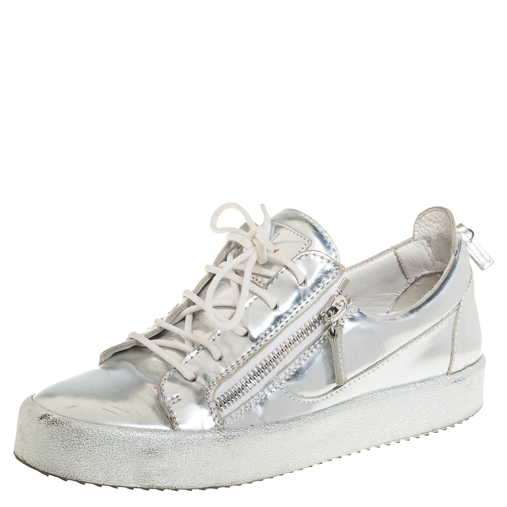 luxury-women-giuseppe-zanotti-used-shoes-p433363-009 Giuseppe Zanotti Silver Leather Lace up Sneakers Size 40