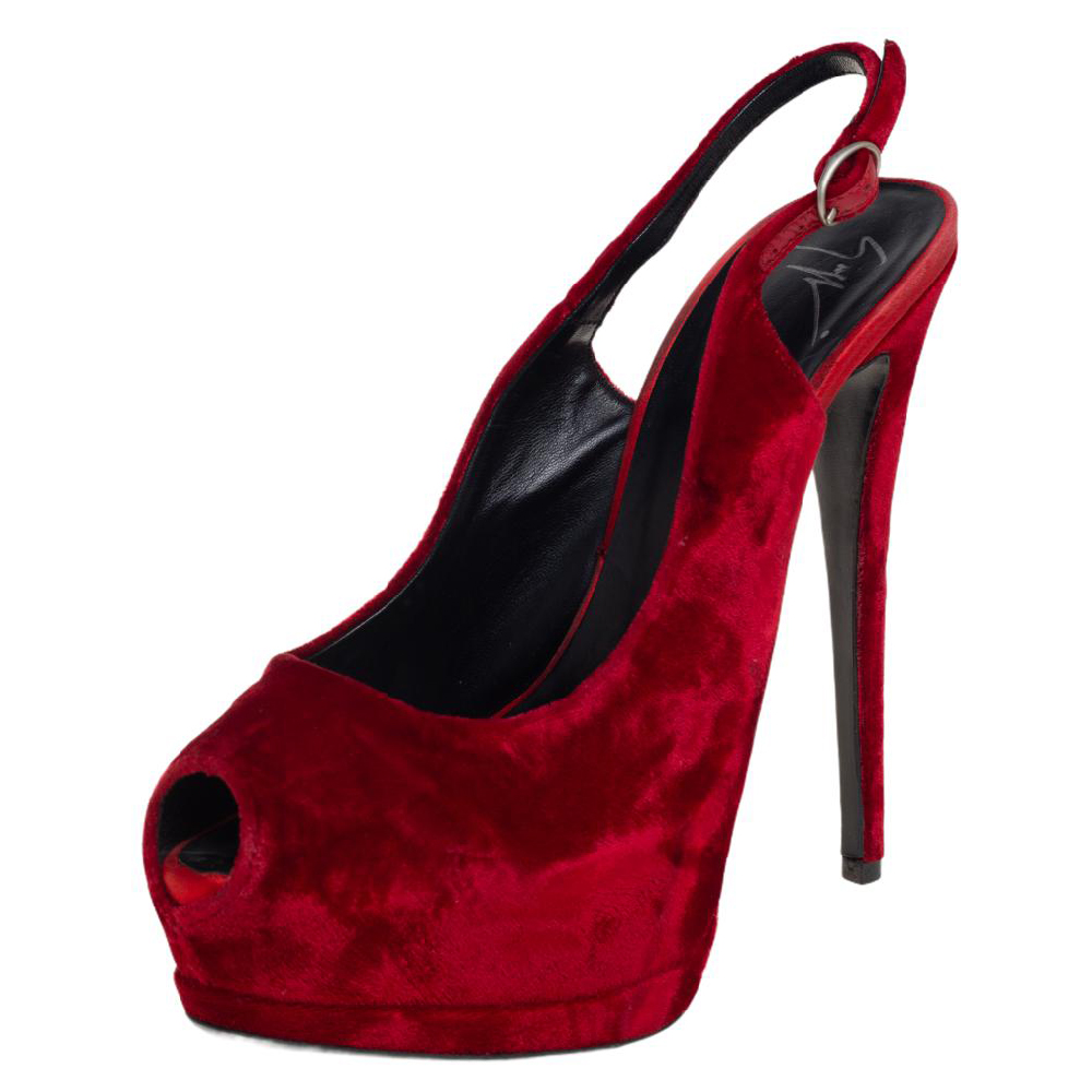 luxury-women-giuseppe-zanotti-used-shoes-p456836-007 Giuseppe Zanotti Red Velvet Peep Toe Slingback Platform Sandals Size 38.5