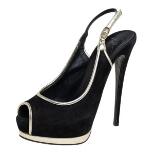 Guiseppe Zannotti Black/Silver Suede And Leather Trim Peep Toe Slingback Platform Sandals Size 37.5
