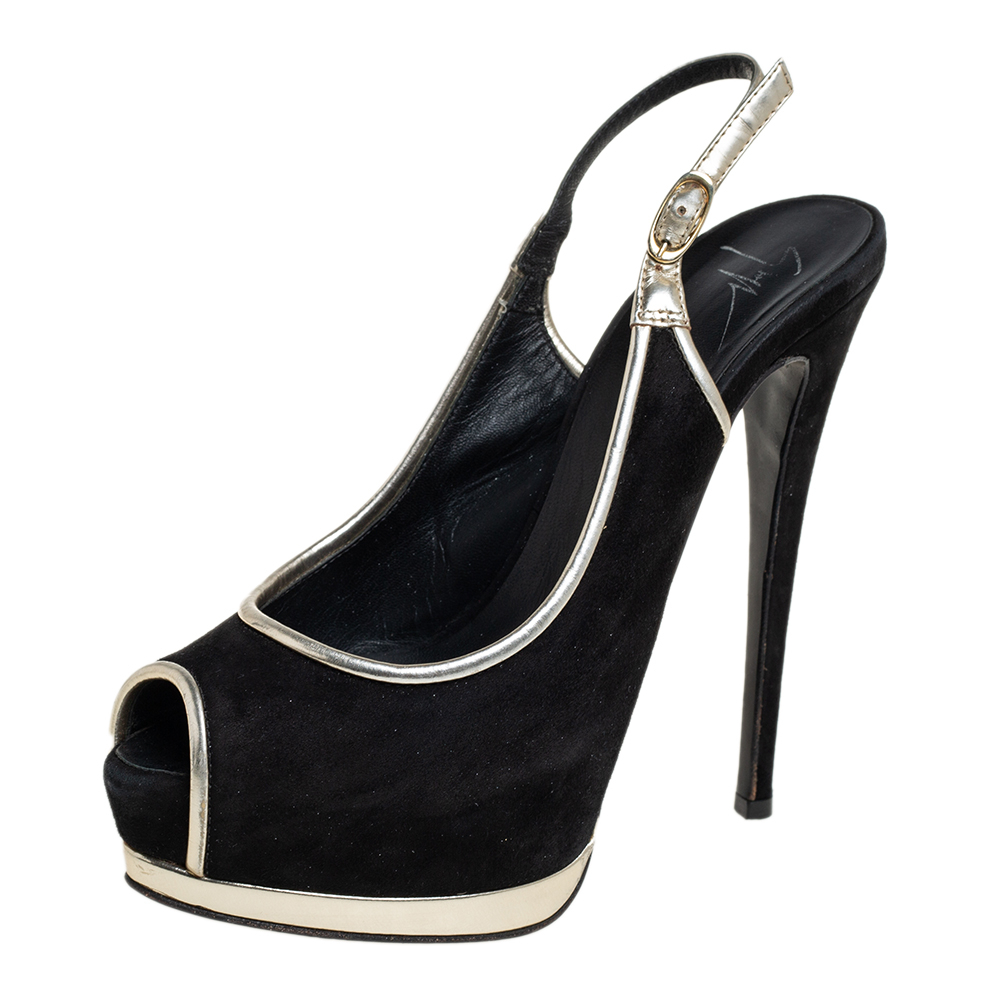 luxury-women-giuseppe-zanotti-used-shoes-p457276-002 Guiseppe Zannotti Black/Silver Suede And Leather Trim Peep Toe Slingback Platform Sandals Size 37.5