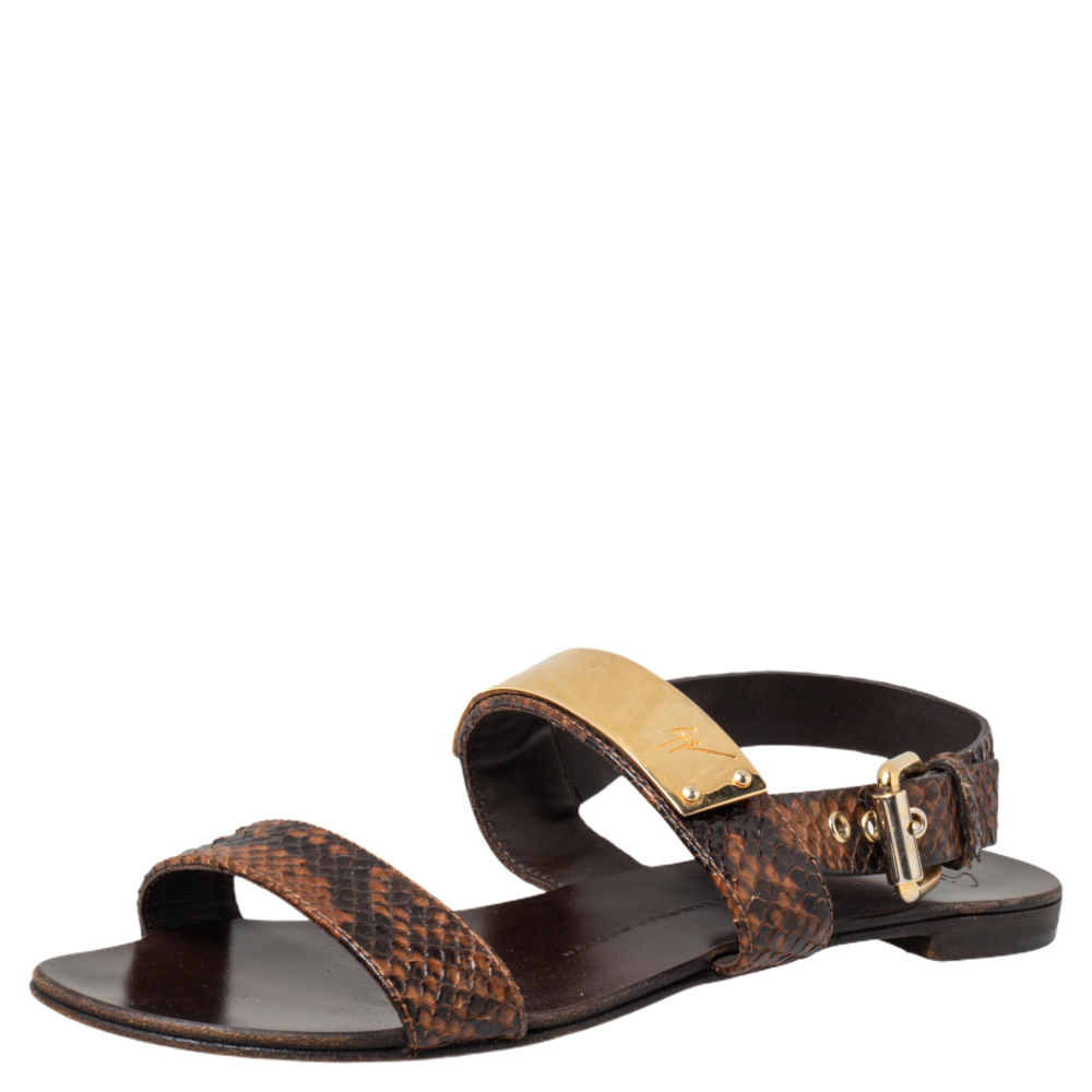 luxury-women-giuseppe-zanotti-used-shoes-p466834-004 Giuseppe Zanotti Brown Python Embossed Leather Slingback Flat Sandals Size 39