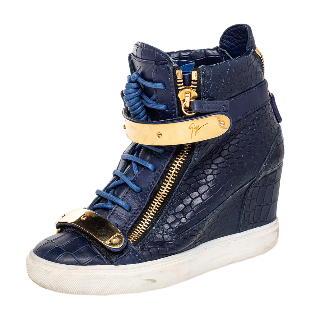 luxury-women-giuseppe-zanotti-used-shoes-p475847-007 Giuseppe Zanotti Blue Croc Embossed Leather Coby Wedge Sneakers Size 38.5