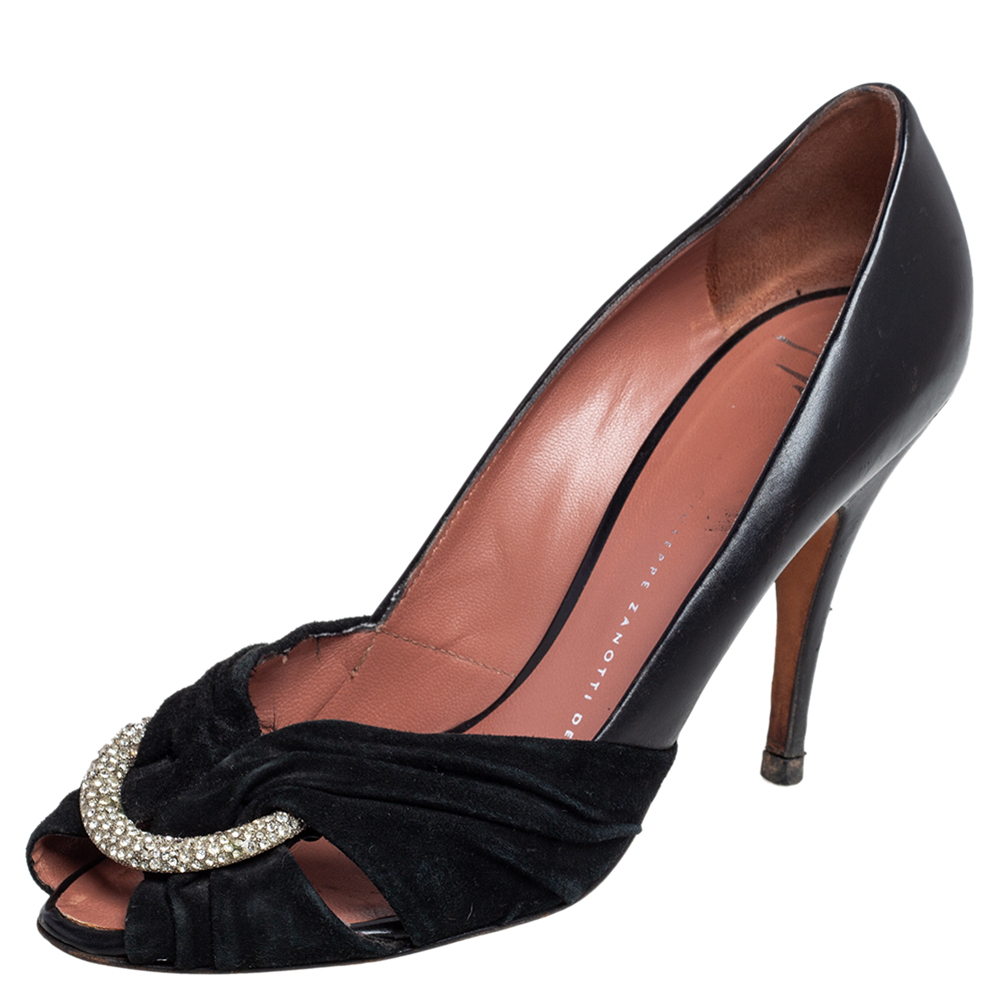 Giuseppe Zanotti Black Leather and Suede Crystal Embellished Peep Toe Pumps Size 37.5
