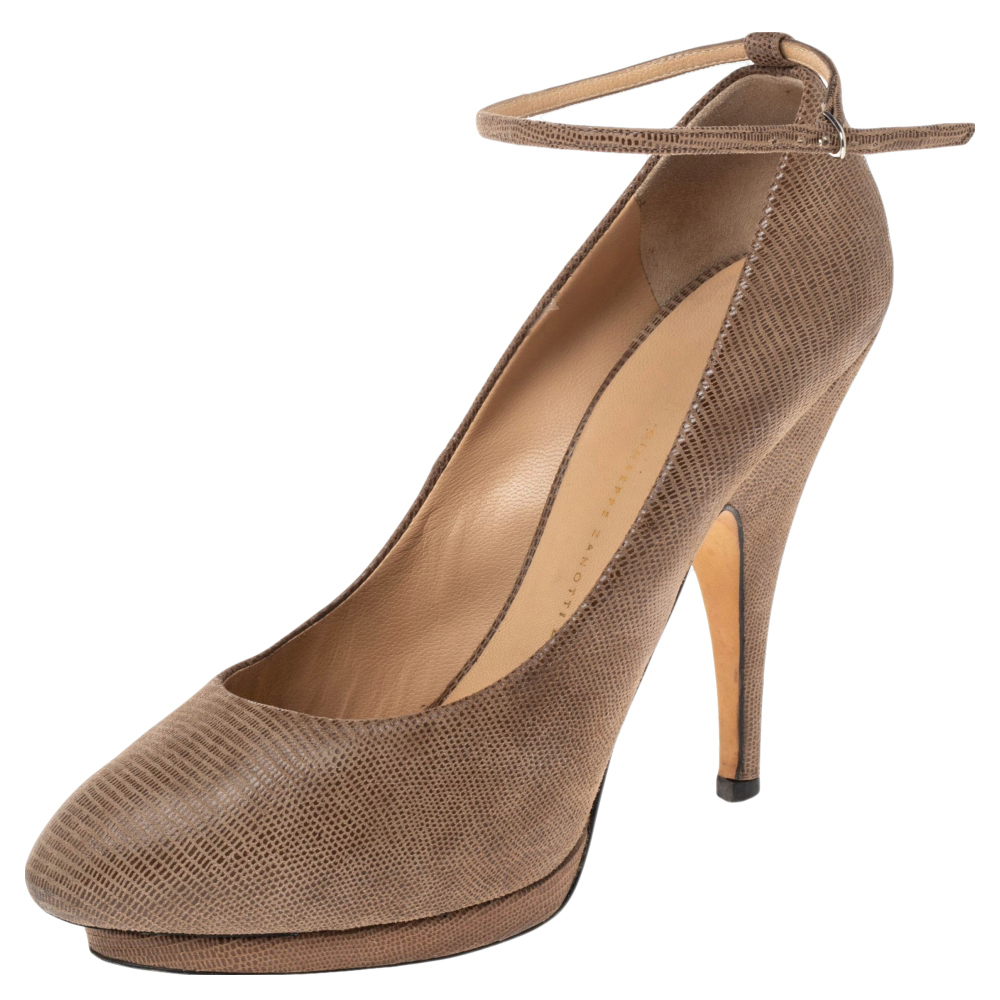 luxury-women-giuseppe-zanotti-used-shoes-p490187-008 Giuseppe Zanotti Lizard Embossed Leather Platform Ankle Strap Pumps Size 40.5