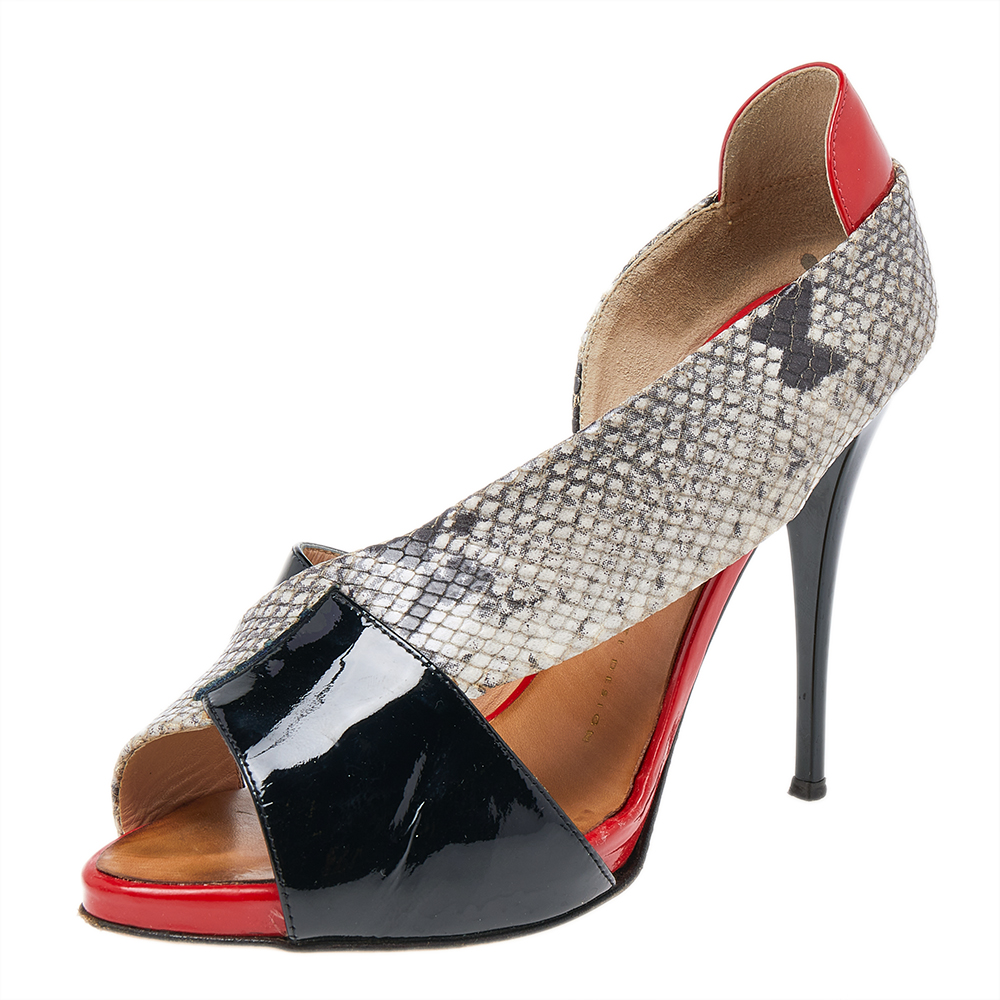 luxury-women-giuseppe-zanotti-used-shoes-p492523-006 Giuseppe Zanotti Multicolor Python Embossed And Patent Leather D'orsay Peep Toe Pumps Size 38