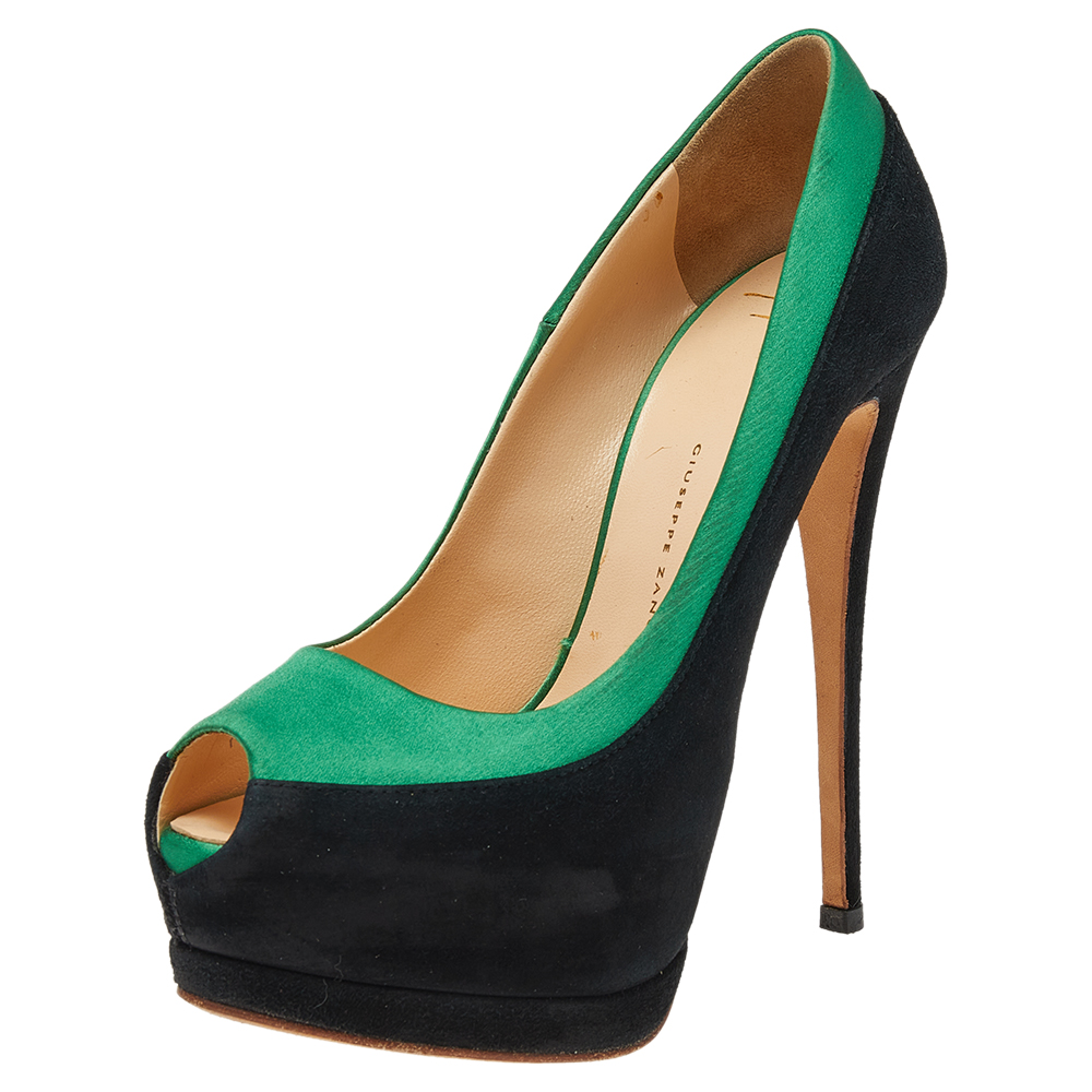 luxury-women-giuseppe-zanotti-used-shoes-p496895-007 Giuseppe Zanotti Black/Green Satin and Suede Peep Toe Platform Pumps Size 36