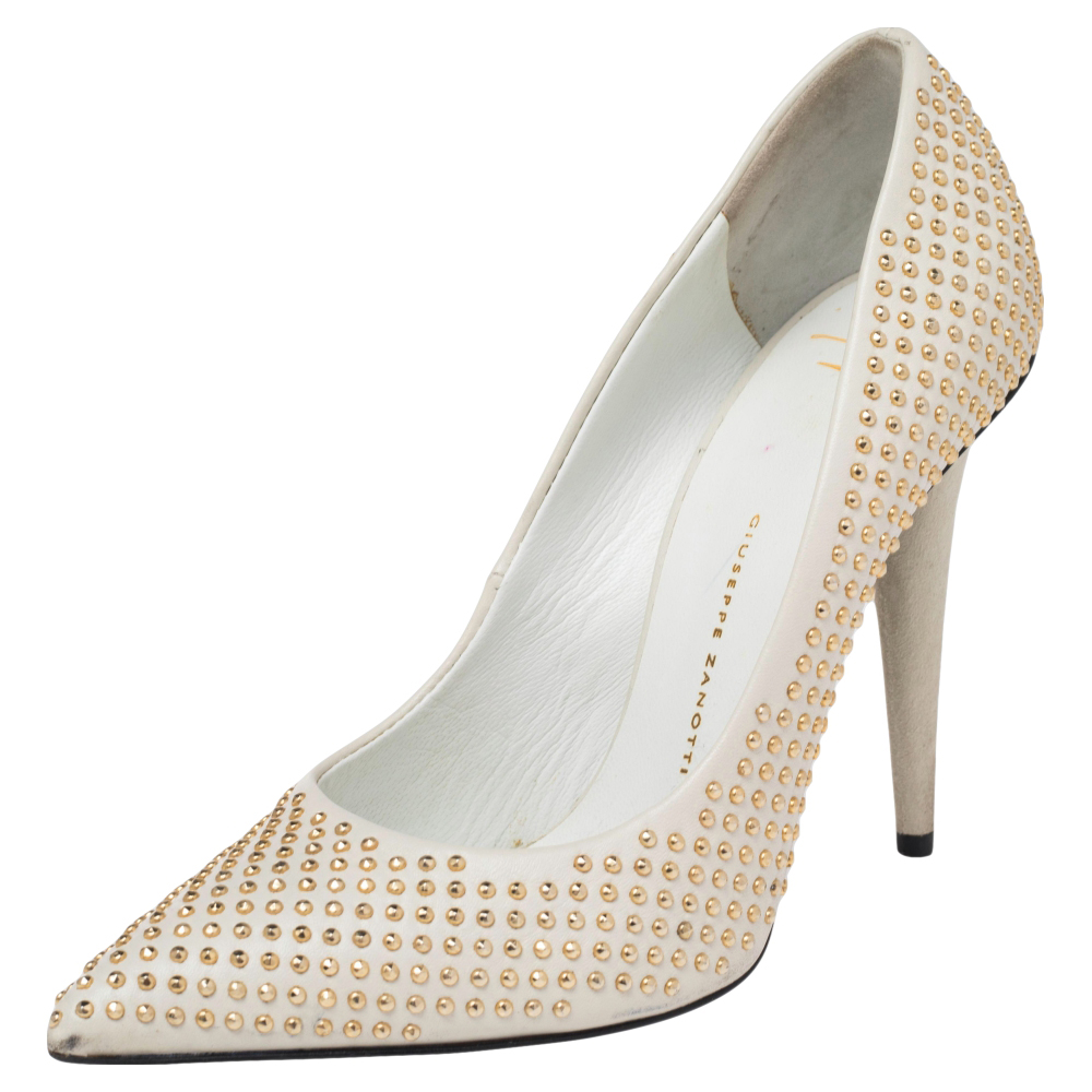 luxury-women-giuseppe-zanotti-used-shoes-p496916-005 Giuseppe Zanotti Grey Leather Stud Embellished Pointed Toe Pumps Size 36.5