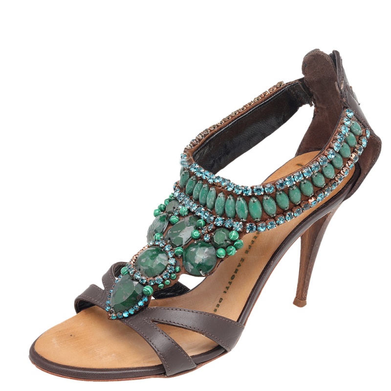 luxury-women-giuseppe-zanotti-used-shoes-p521290-1635396008-006 Giuseppe Zanotti Brown Leather Crystal Embellished Ankle Strap Sandals Size 35