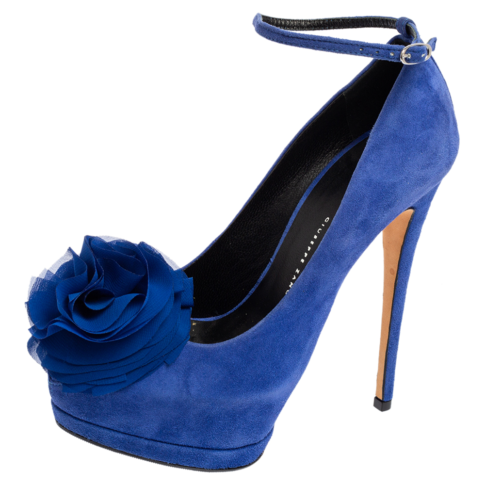 luxury-women-giuseppe-zanotti-used-shoes-p526232-003-2 Giuseppe Zanotti Blue Suede Flower Detailed Peep Toe Platform Pumps Size 36.5