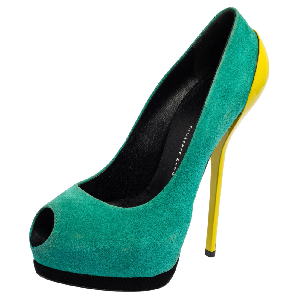 luxury-women-giuseppe-zanotti-used-shoes-p560324-007-2 Giuseppe Zanotti Tri-Color Suede And Patent Leather Peep Toe Platform Pumps Size 37