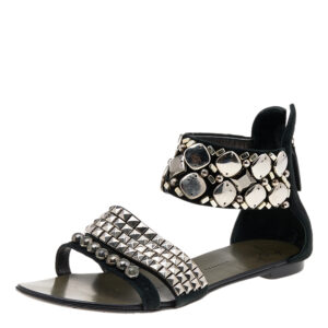 Giuseppe Zanotti Black Suede Studded Ankle Cuff Flat Sandals Size 36