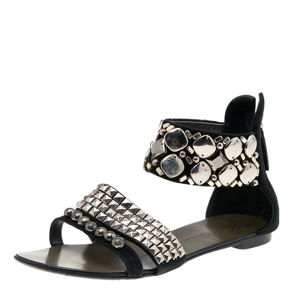 Giuseppe Zanotti Black Suede Studded Ankle Cuff Flat Sandals Size 36