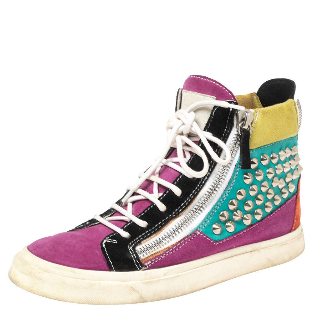 luxury-women-giuseppe-zanotti-used-shoes-p571411-001-2 Giuseppe Zanotti Multicolor Suede Spike High-Top Sneakers Size 37