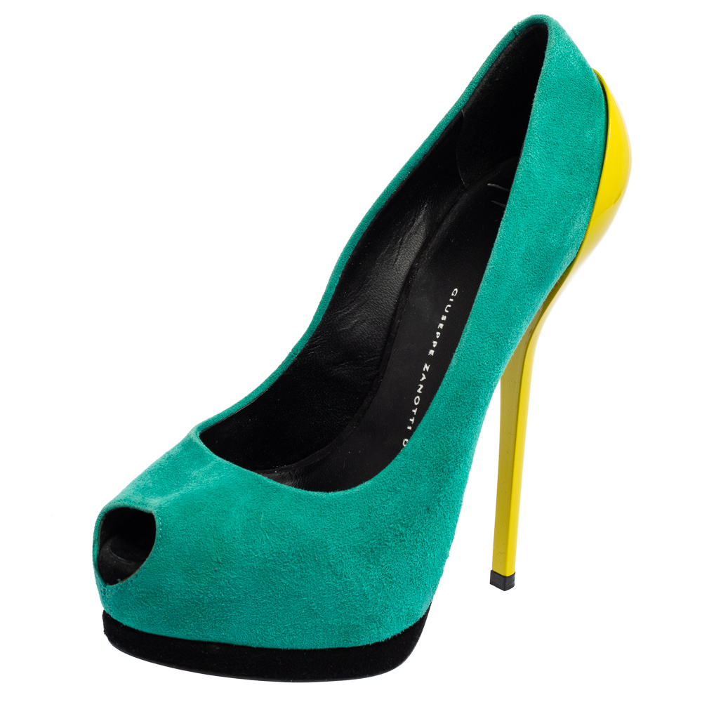 luxury-women-giuseppe-zanotti-used-shoes-p572833-004 Giuseppe Zanotti Green/Yellow Suede And Patent Leather Peep Toe Platform Pumps Size 37