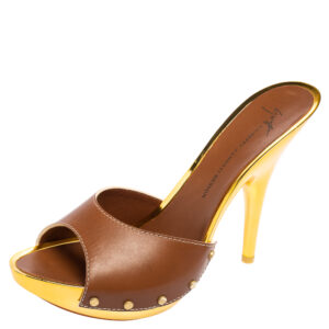 Giuseppe Zanotti Brown/Gold Leather Slide Clogs Size 41