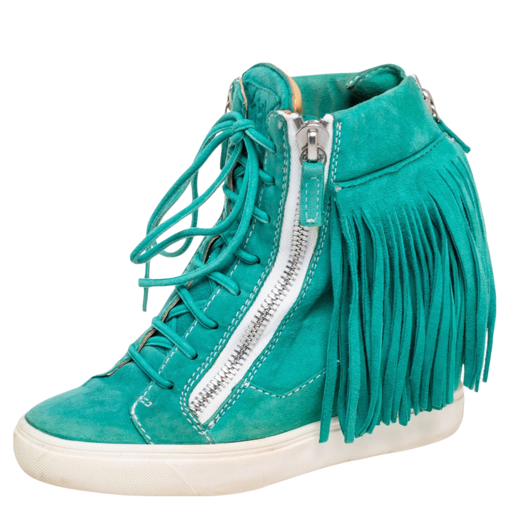 luxury-women-giuseppe-zanotti-used-shoes-p578960-004-2 Giuseppe Zanotti Green Suede High Top Wedge Sneakers Size 37