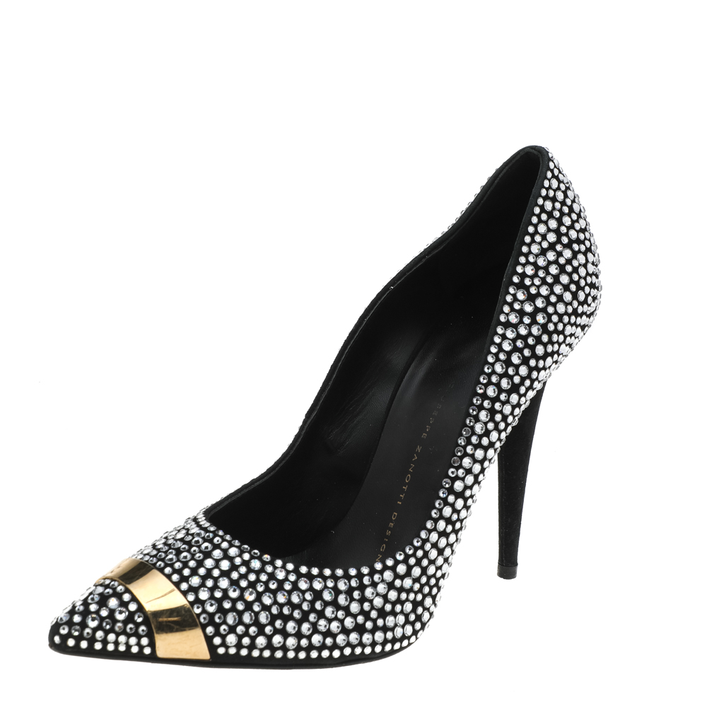 luxury-women-giuseppe-zanotti-used-shoes-p595812-008-2 Giuseppe Zanotti Black Crystal Embellished Suede Ester Pointed Toe Pumps Size 38