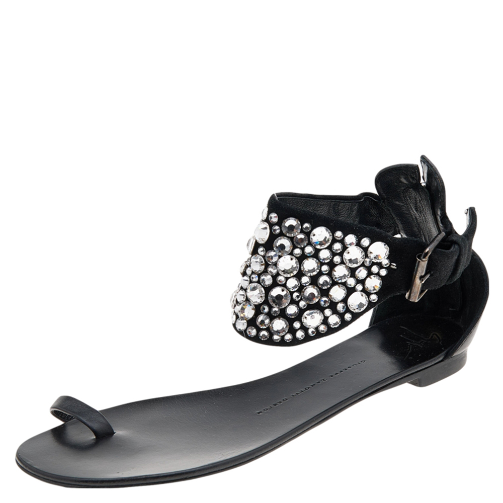 luxury-women-giuseppe-zanotti-used-shoes-p596863-001-1 Giuseppe Zanotti Black Satin And Leather Embellished Ankle Wrap Flat Sandals Size 37