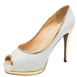 Giuseppe Zanotti White Croc Embossed Leather Peep-Toe Platform Pumps Size 39