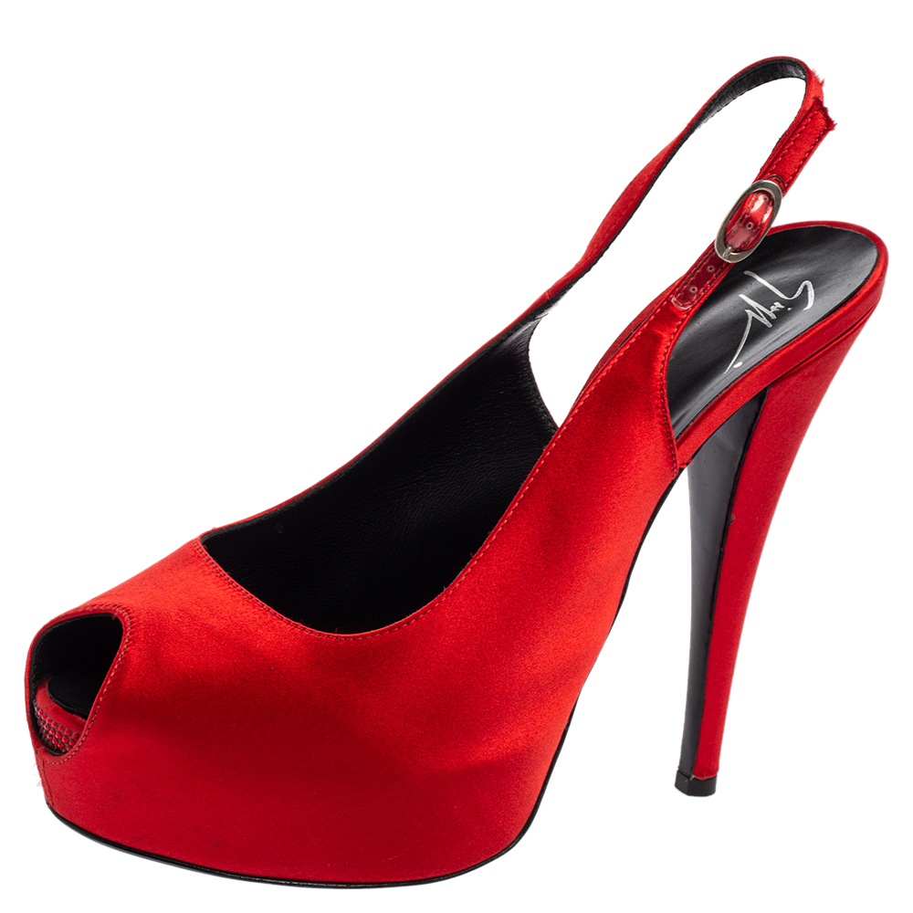 Giuseppe Zanotti Red Satin Peep Toe Slingback Pumps Size 41