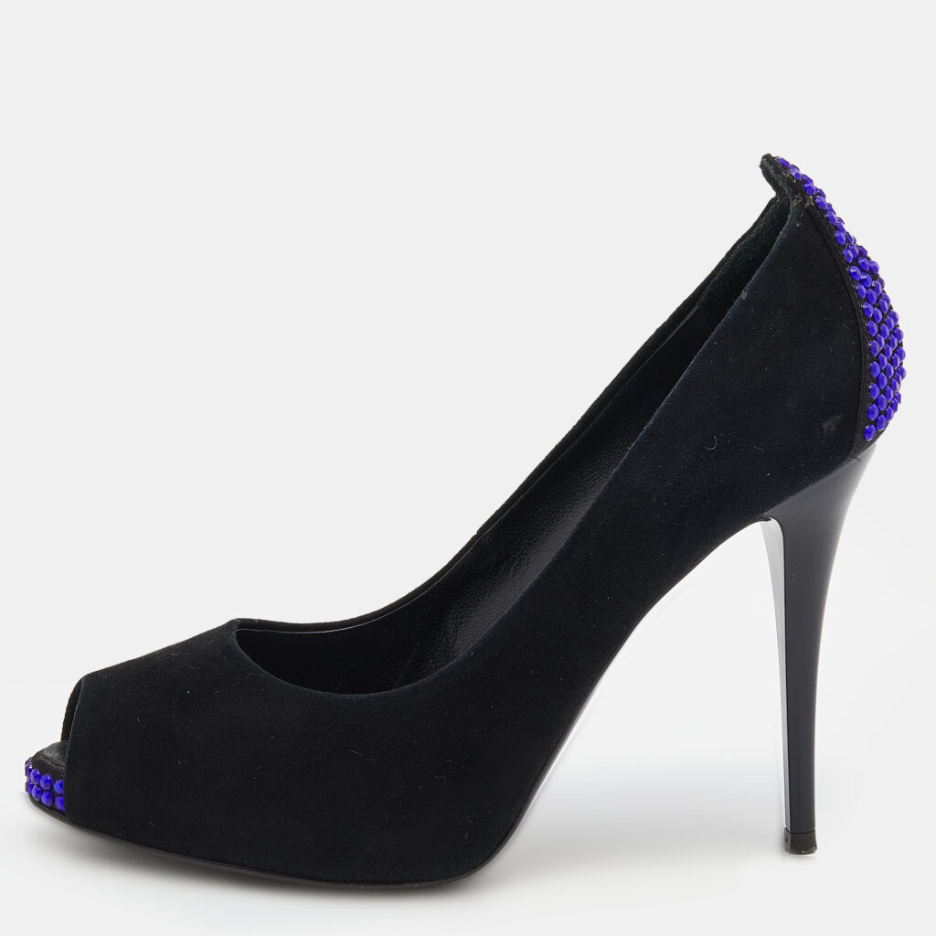 luxury-women-giuseppe-zanotti-used-shoes-p627726-002-2 Giuseppe Zanotti Black Suede Embellished Peep Toe Pumps Size 36