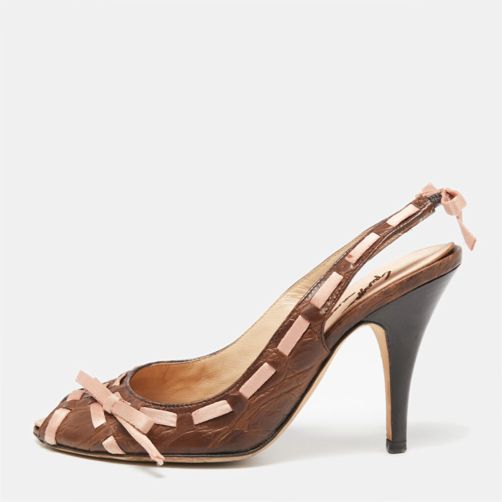 luxury-women-giuseppe-zanotti-used-shoes-p631926-001-2 Giuseppe Zanotti Brown Croc Embossed Leather Bow Slingback Sandals Size 34