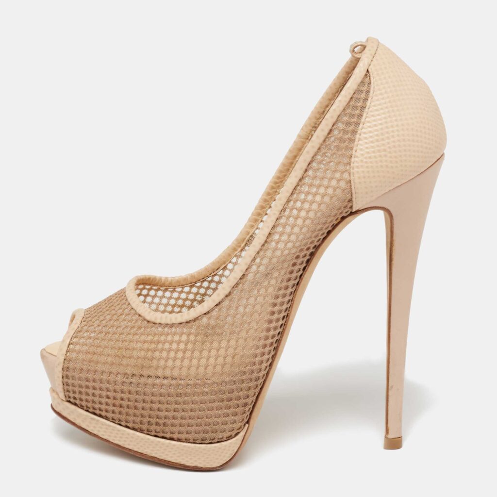 luxury-women-giuseppe-zanotti-used-shoes-p631932-003-2 Giuseppe Zanotti Beige Mesh and Lizard Embossed Leather Peep-Toe Pumps Size 37.5