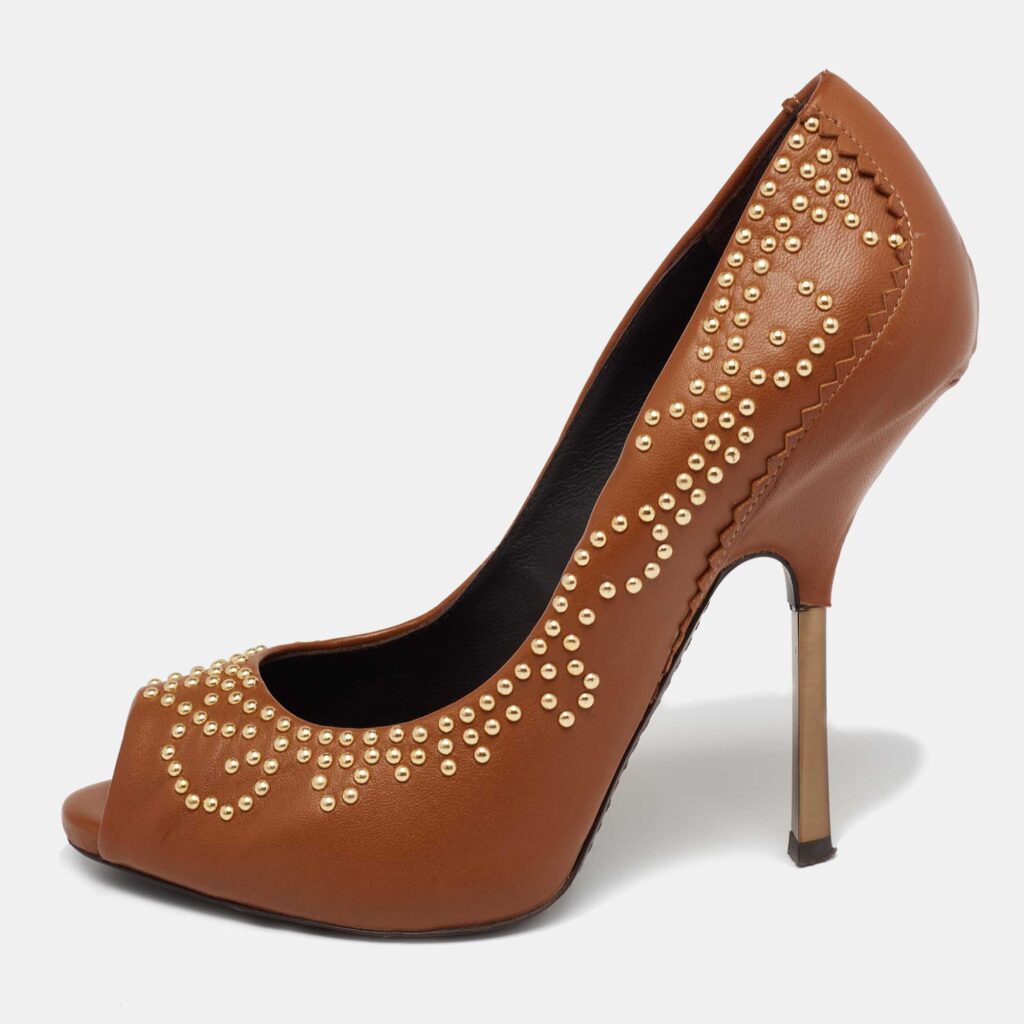 luxury-women-giuseppe-zanotti-used-shoes-p632789-003 Giuseppe Zanotti Tan Studded Leather Peep-Toe Pumps Size 37.5