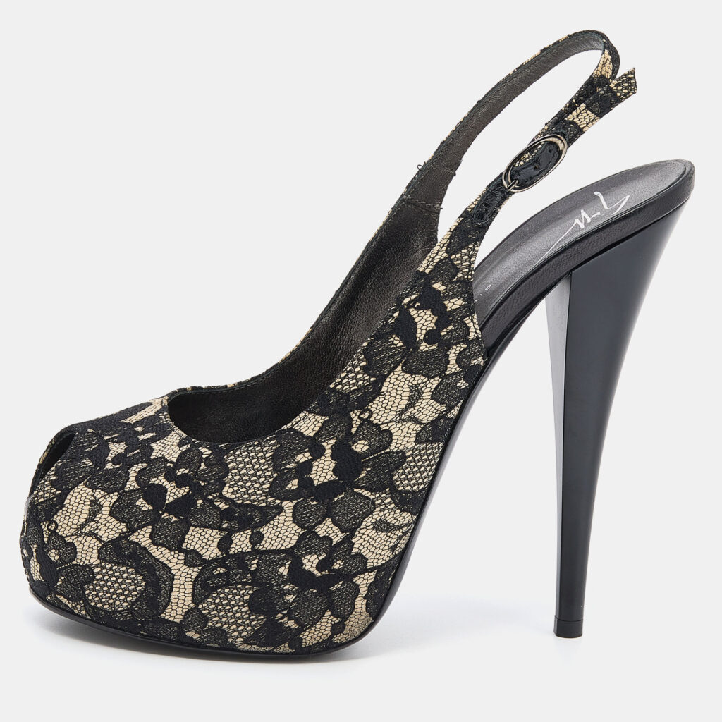 luxury-women-giuseppe-zanotti-used-shoes-p639551-003-2 Giuseppe Zanotti Black Lace Peep Toe Slingback Platform Sandals Size 38.5
