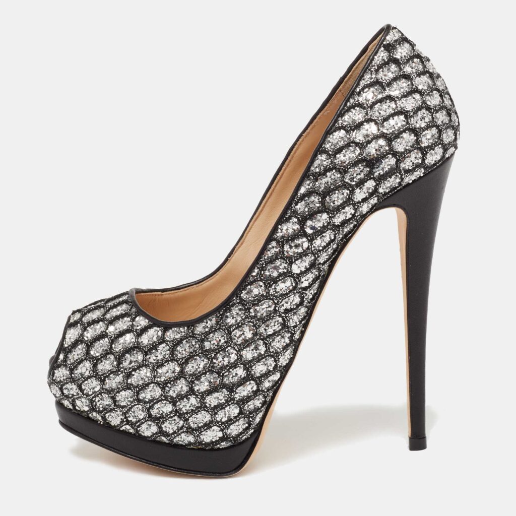 luxury-women-giuseppe-zanotti-used-shoes-p646914-003-1 Giuseppe Zanotti Black Glitter And Lace Peep Toe Platform Pumps Size 37.5