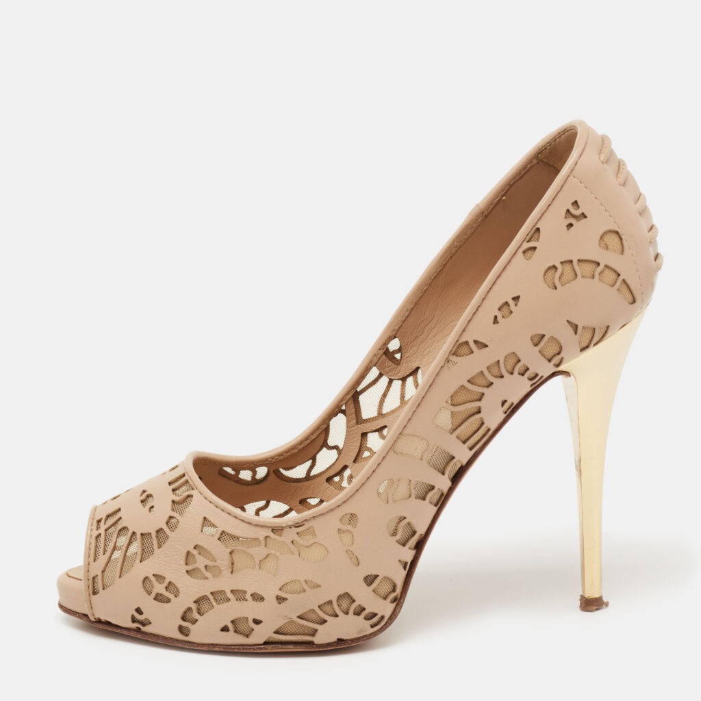 luxury-women-giuseppe-zanotti-used-shoes-p647979-003-2 Giuseppe Zanotti Beige Leather And Net Sharon Peep-Toe Pumps Size 36.5