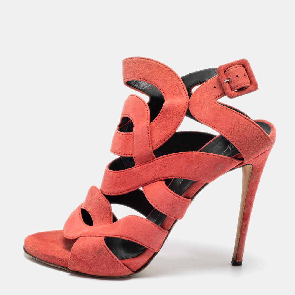 luxury-women-giuseppe-zanotti-used-shoes-p672240-001-1 Giuseppe Zanotti Coral Pink Suede Cut Out Cage Sandals Size 40