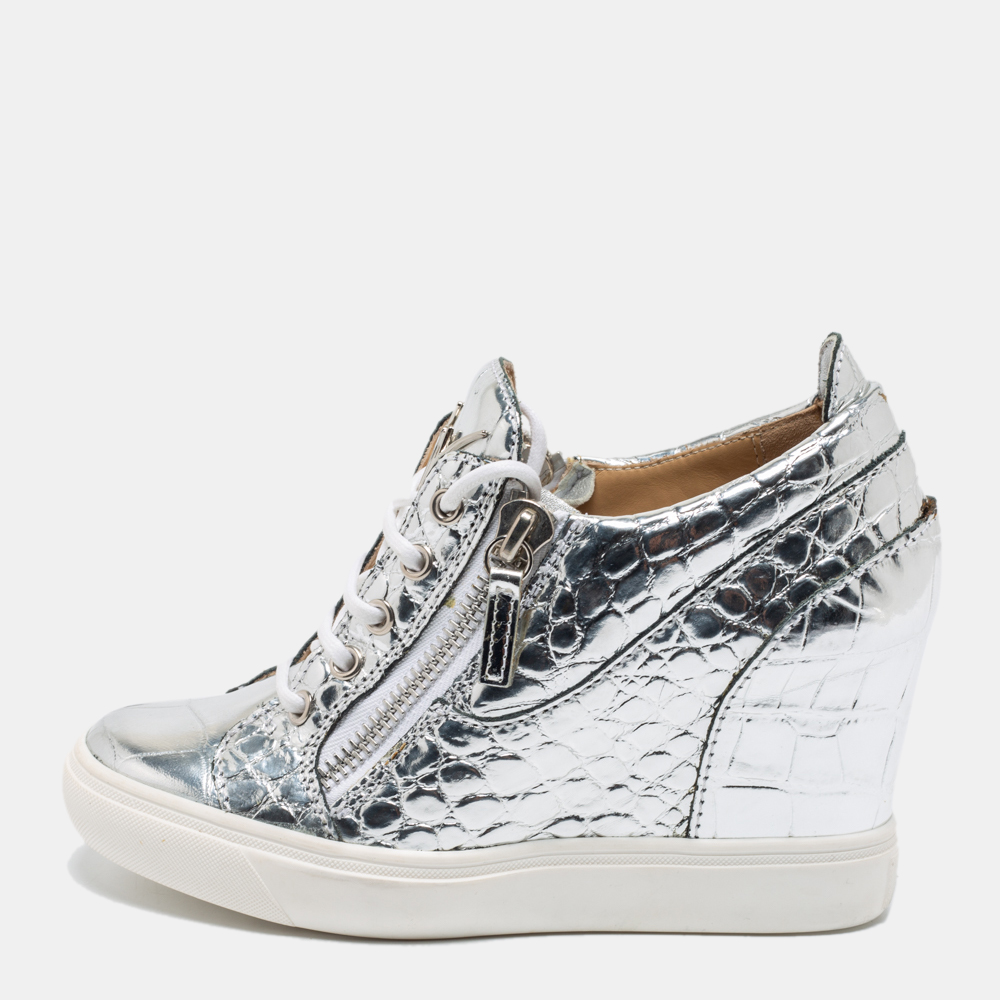 luxury-women-giuseppe-zanotti-used-shoes-p680590-001-1 Giuseppe Zanotti Silver Croc Embossed Leather Double Zip Wedge Sneakers Size 37