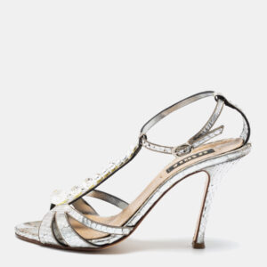 Le Silla Silver Python Embossed Leather T-Strap Platform Sandals Size 37.5
