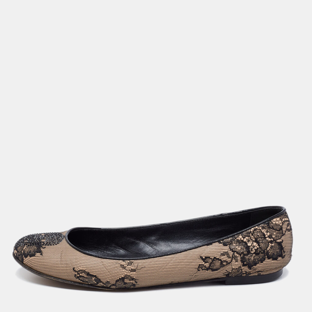 luxury-women-giuseppe-zanotti-used-shoes-p686157-002-1 Giuseppe Zanotti Beige/Black Mesh and Leather Embellished Ballet Flats Size 37